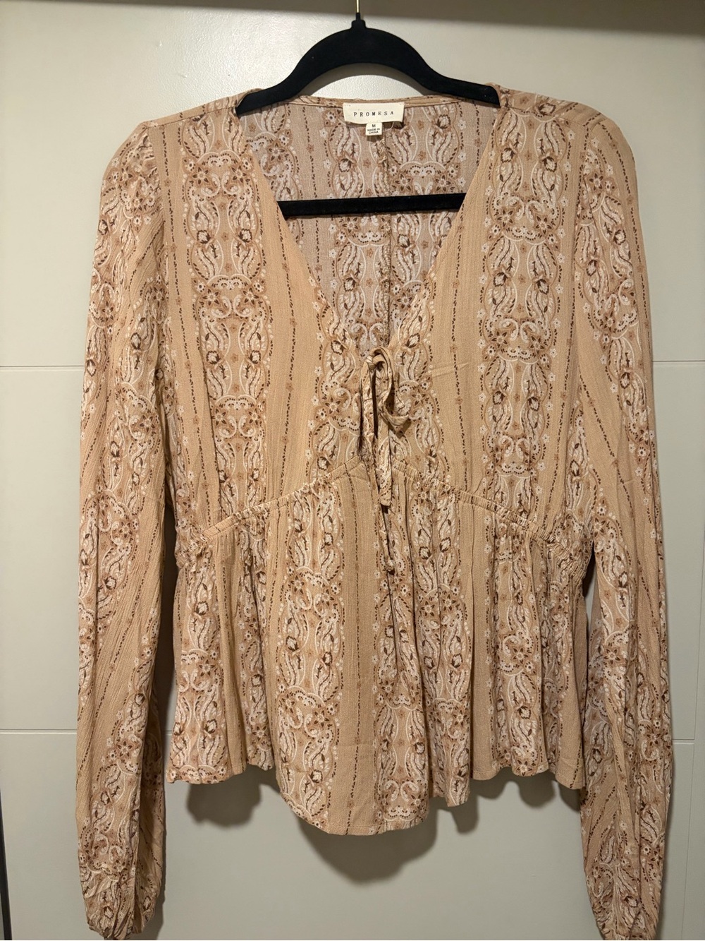 Promesa Tan Paisley Tie-Front Peplum Blouse